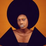 collage of a portrait of a woman in creative makeup and black geometric elements